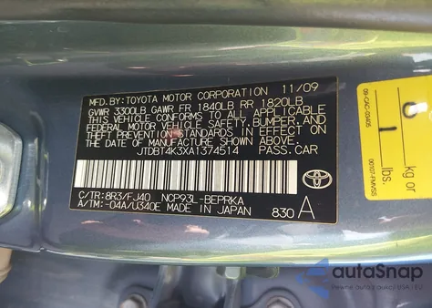 2010 Toyota Yaris z USA, uszkodzony, nr VIN JTDBT4K3XA1374514